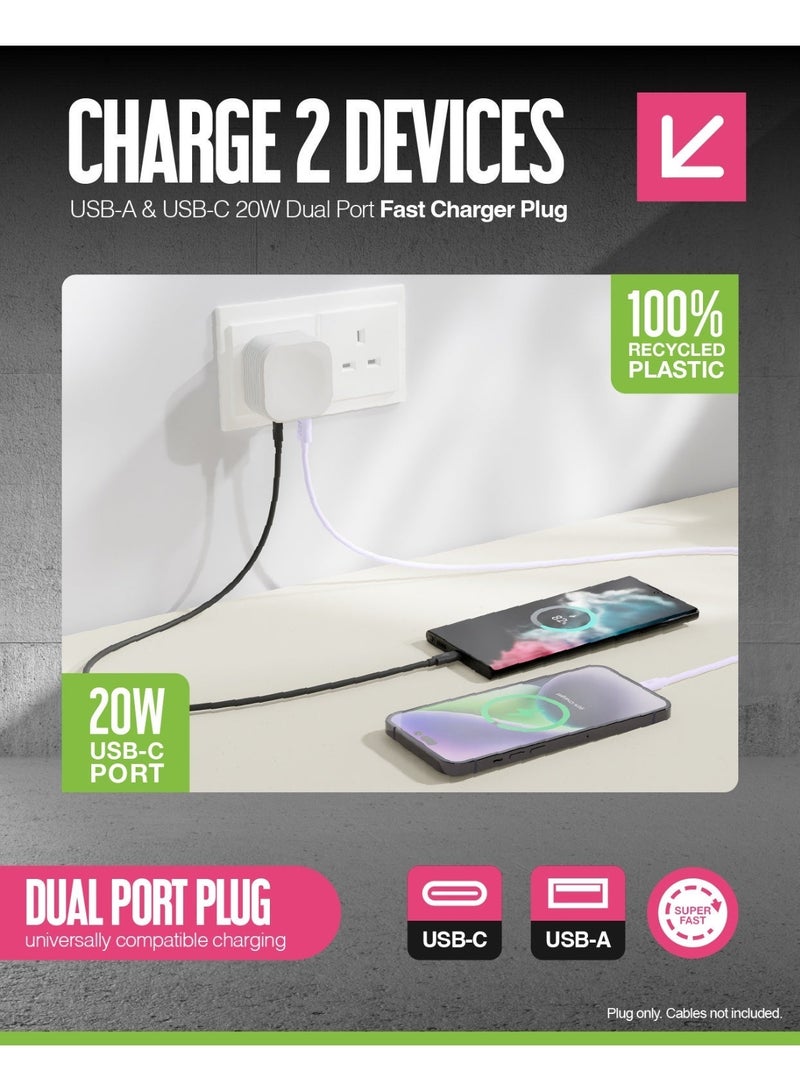 جوس شاحن JUICE بقدرة 20 واط مع منفذين USB – محول جداري للشحن السريع مزود بمنفذي USB-A وUSB-C مع دعم Power Delivery، مناسب للهواتف والأجهزة اللوحية والأجهزة الأخرى، بتصميم مدمج مع تقنية القبضة الآمنة، باللون الأبيض. - Image 3